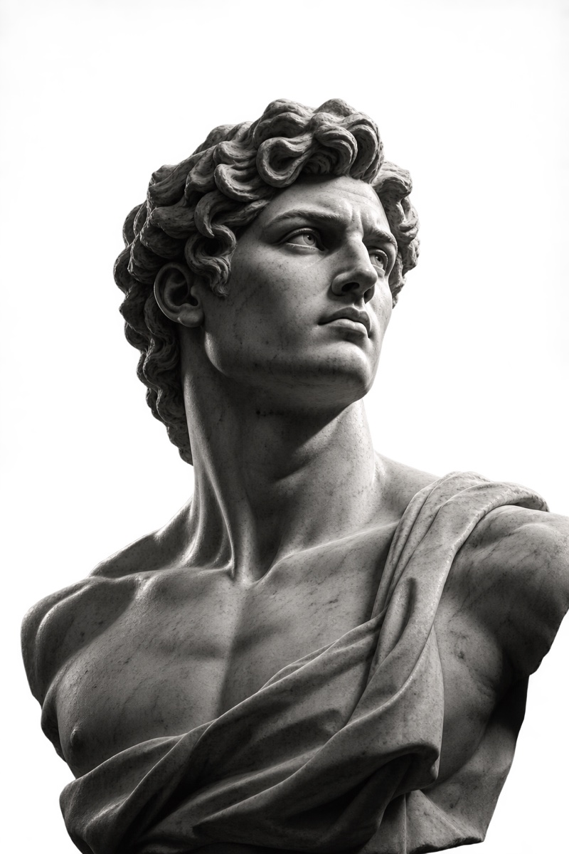 Grayscale classical marble statue looking upward